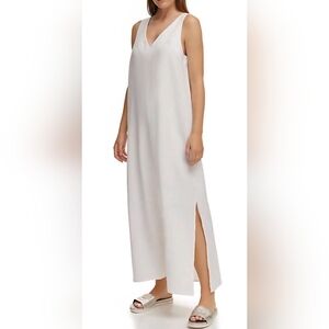 NWT XXL DKNY White Linen Maxi Dress, Sleeveless, Double Slits, Plus Size